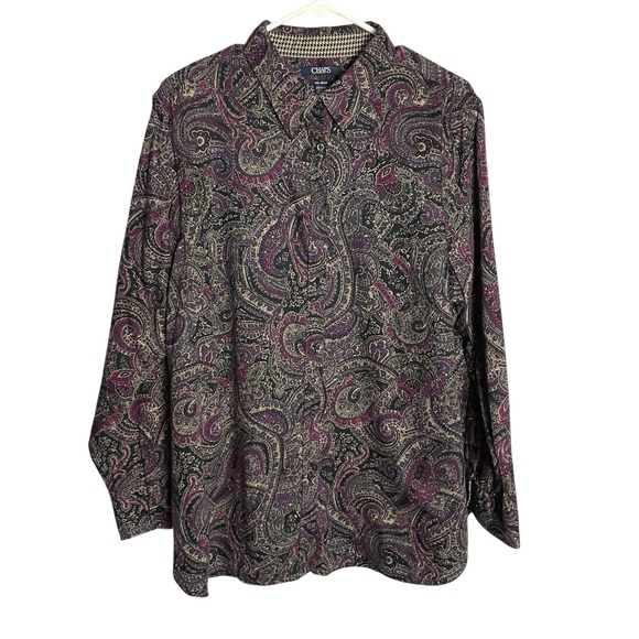 Chaps No Iron Shirt Blouse Womens 2X Dark Paisley Button Up Contrast Cuff - Picture 2 of 9